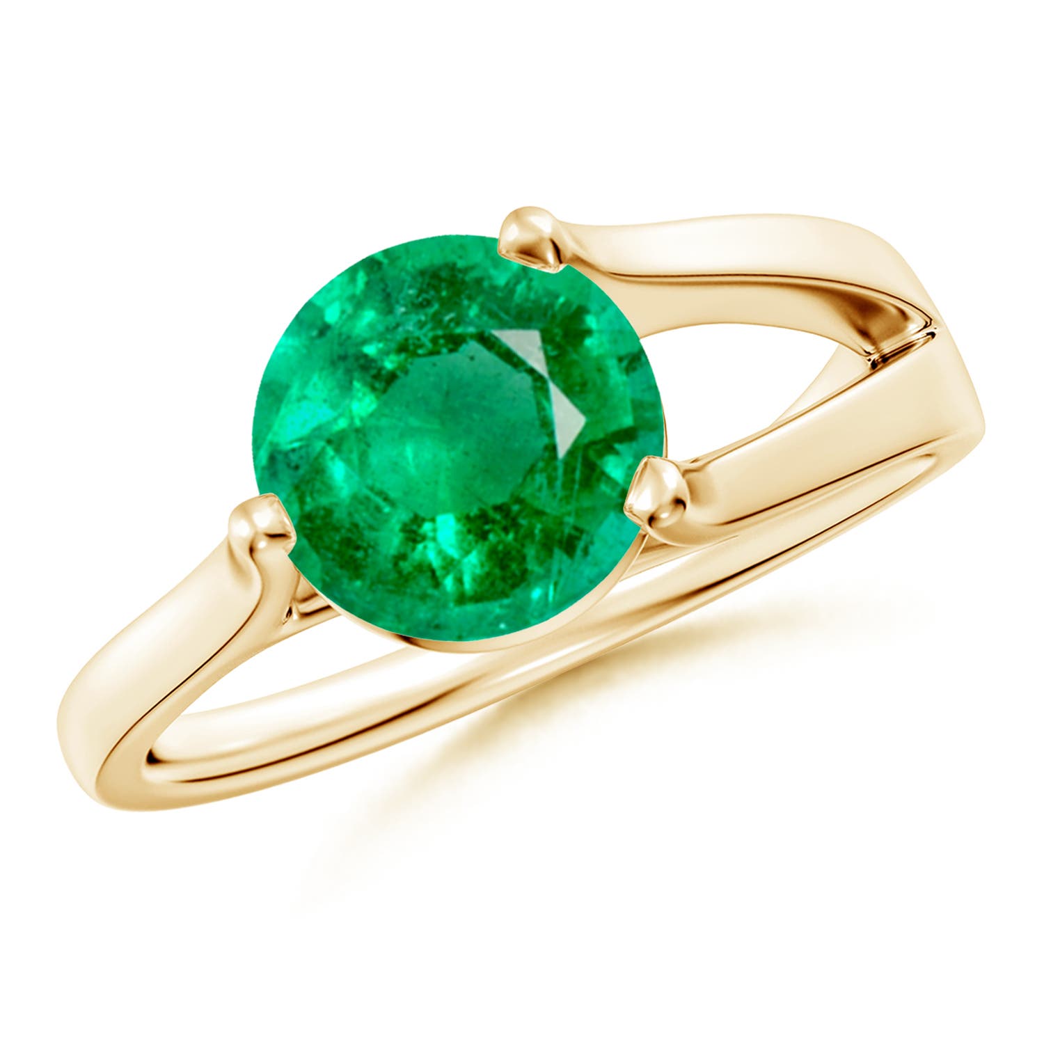 8mm AAA One Sided Split Shank Round Emerald Solitaire Ring in Yellow Gold