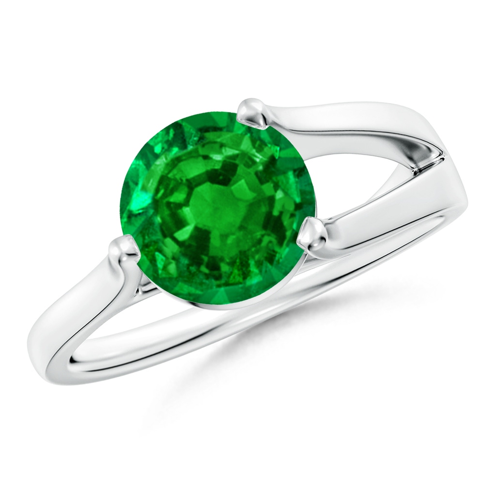 8mm AAAA One Sided Split Shank Round Emerald Solitaire Ring in S999 Silver