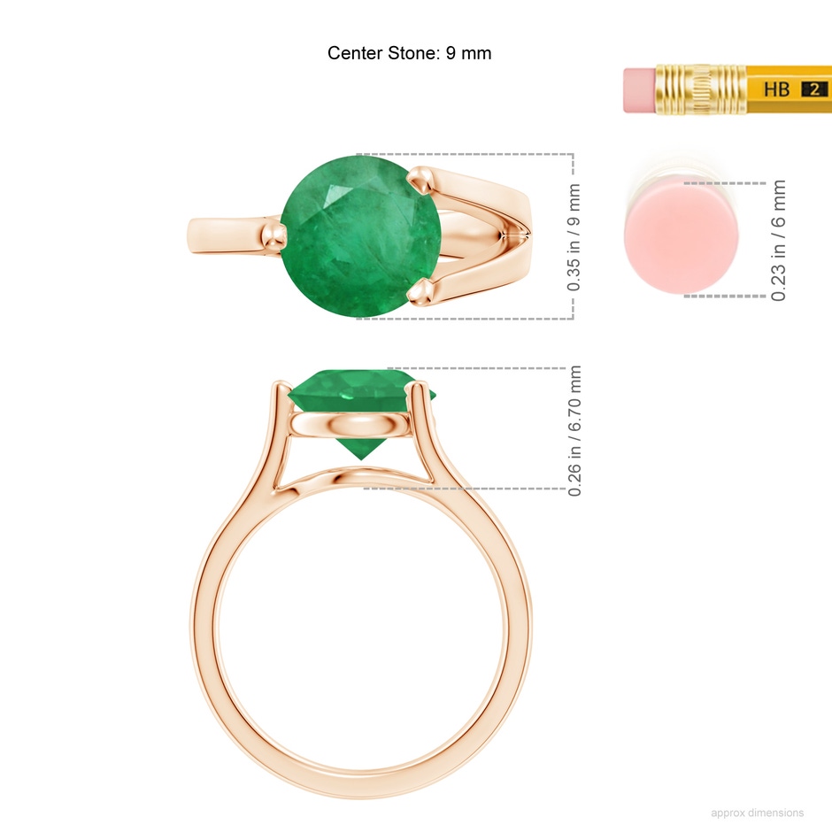 9mm A One Sided Split Shank Round Emerald Solitaire Ring in Rose Gold ruler