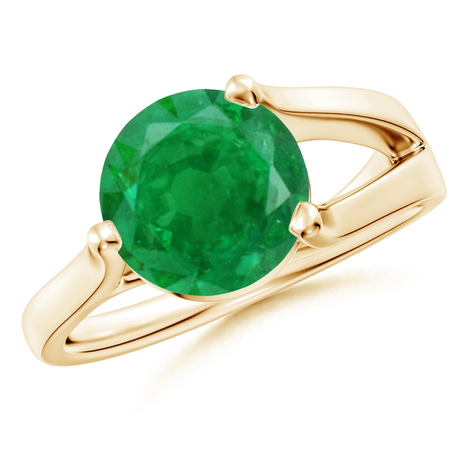 9mm AA One Sided Split Shank Round Emerald Solitaire Ring in Yellow Gold 