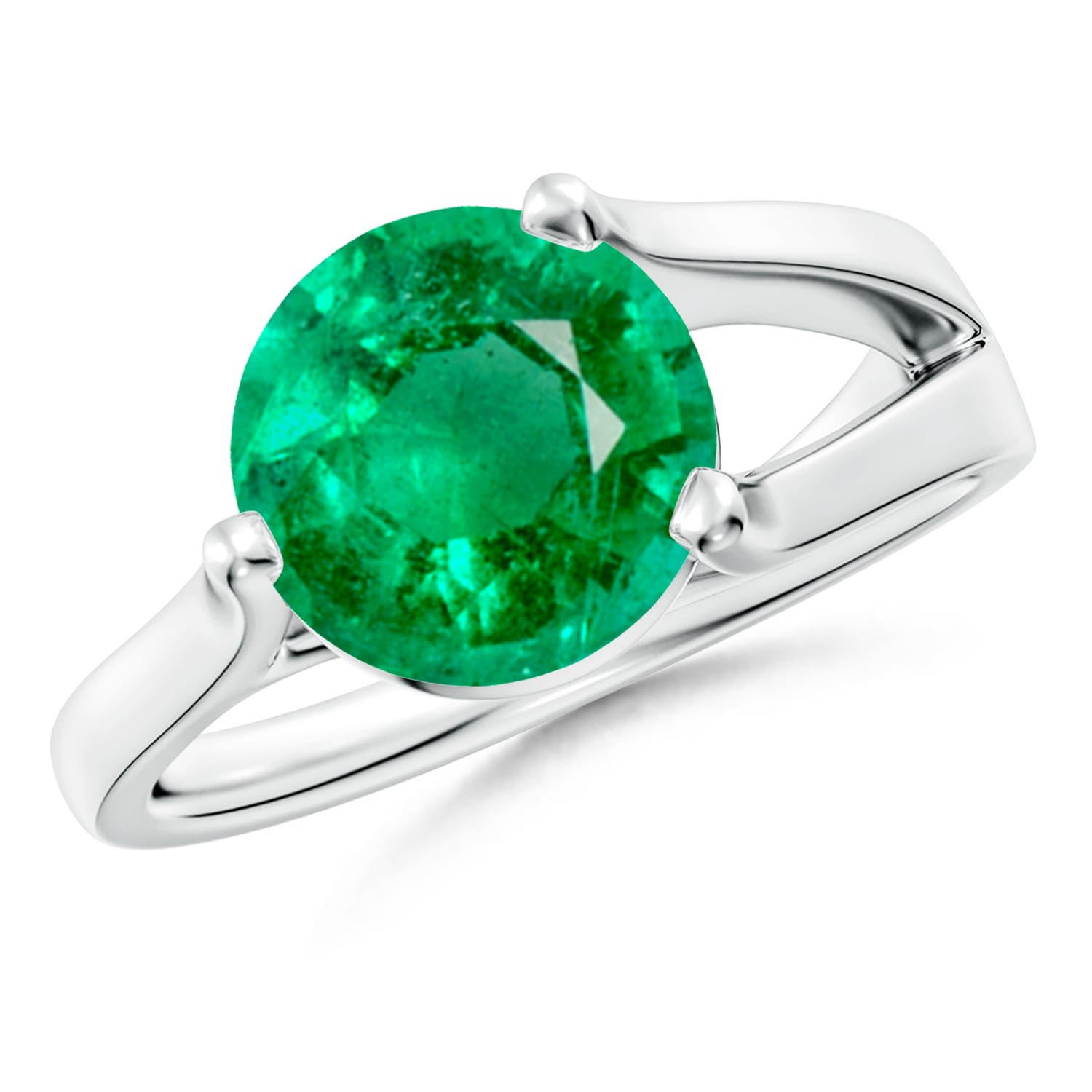 9mm AAA One Sided Split Shank Round Emerald Solitaire Ring in White Gold