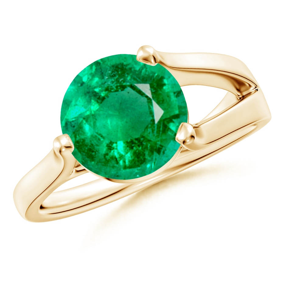 9mm AAA One Sided Split Shank Round Emerald Solitaire Ring in Yellow Gold 