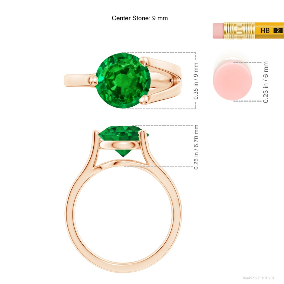 9mm AAAA One Sided Split Shank Round Emerald Solitaire Ring in 18K Rose Gold ruler