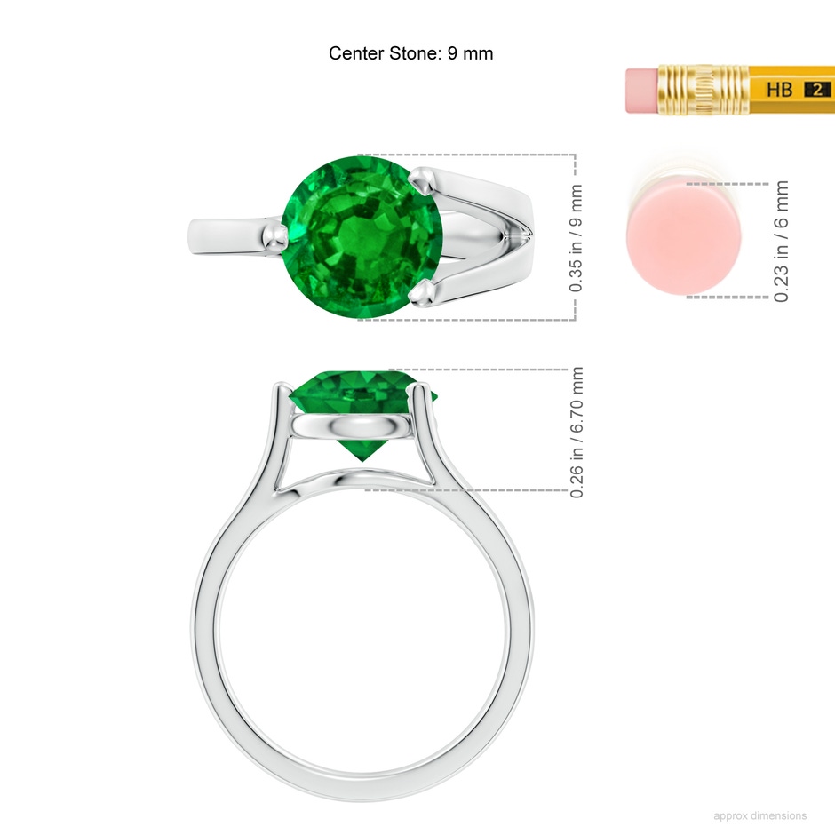 9mm AAAA One Sided Split Shank Round Emerald Solitaire Ring in P950 Platinum ruler