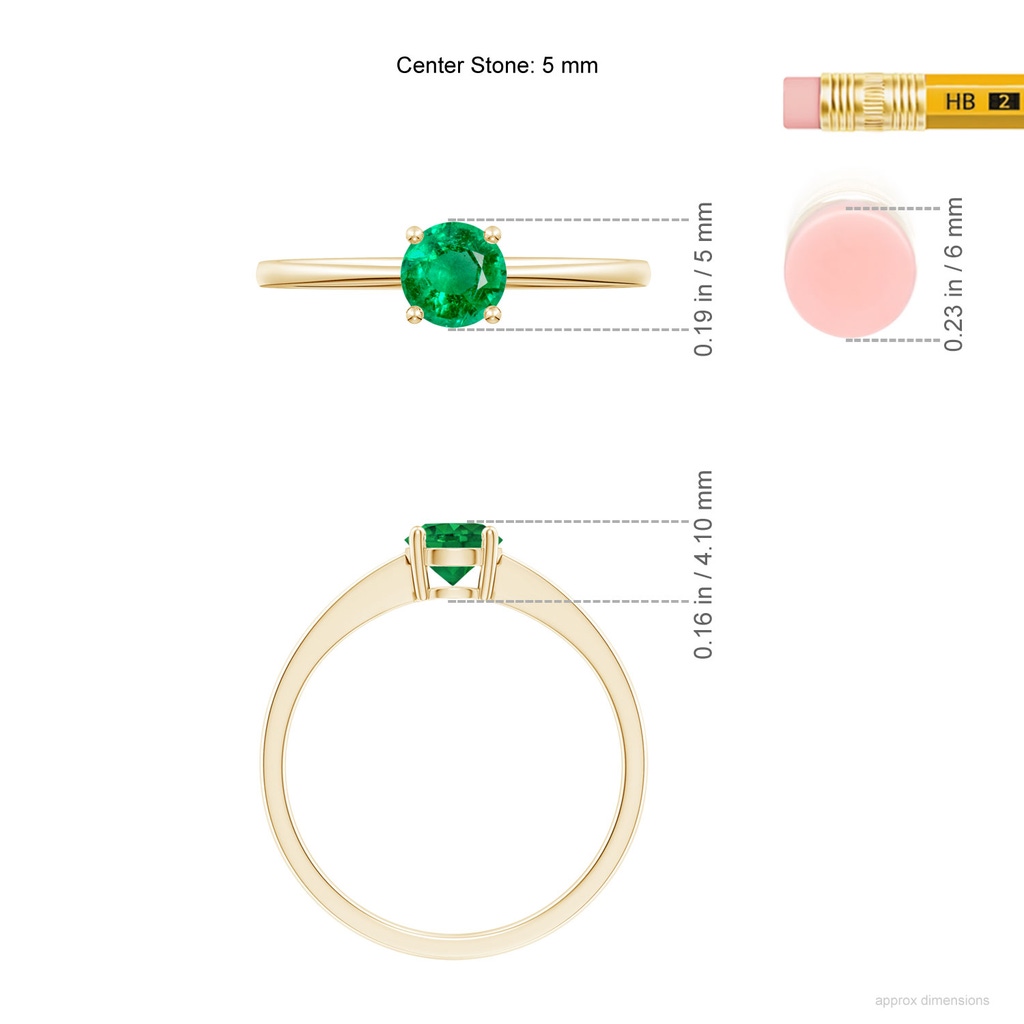 5mm AAA Reverse Tapered Shank Emerald Solitaire Ring in Yellow Gold ruler