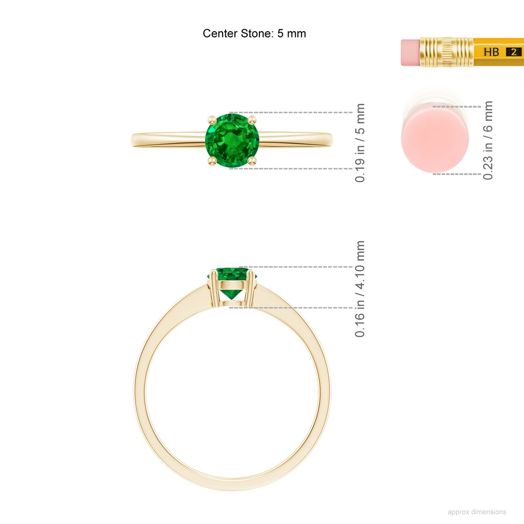 5mm AAAA Reverse Tapered Shank Emerald Solitaire Ring in Yellow Gold ruler