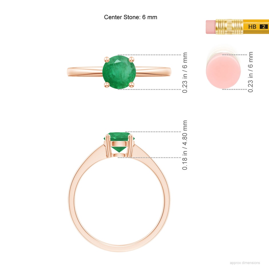 6mm A Reverse Tapered Shank Emerald Solitaire Ring in Rose Gold ruler