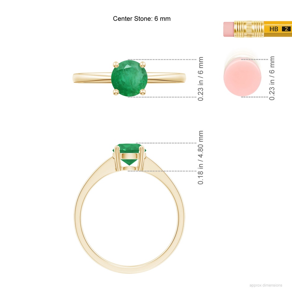 6mm A Reverse Tapered Shank Emerald Solitaire Ring in Yellow Gold ruler