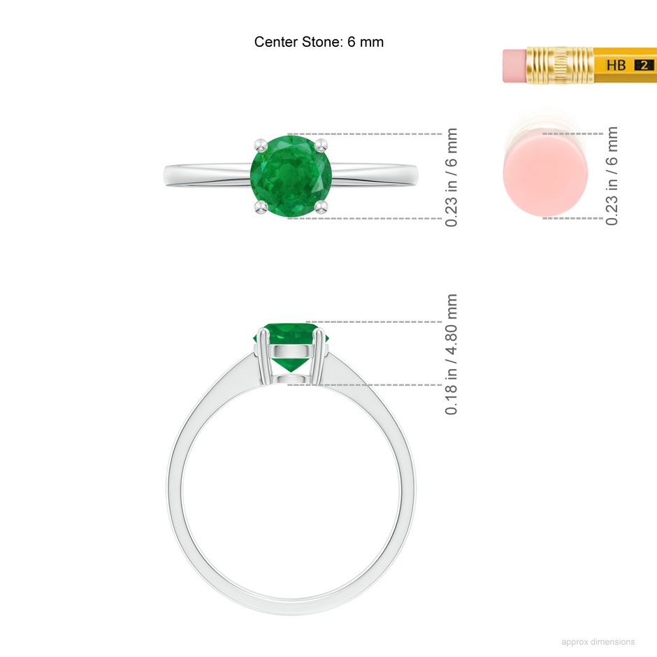 6mm AA Reverse Tapered Shank Emerald Solitaire Ring in White Gold ruler
