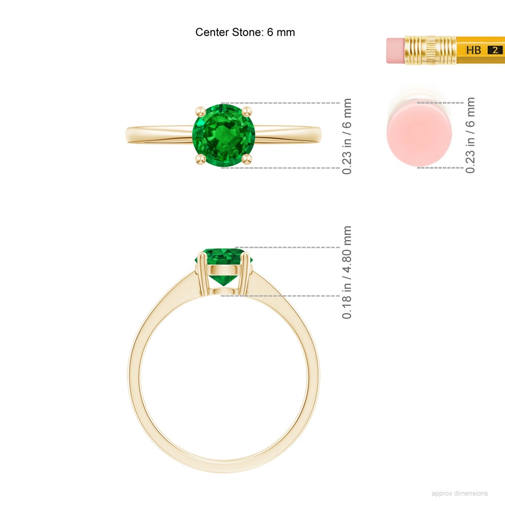 6mm AAAA Reverse Tapered Shank Emerald Solitaire Ring in Yellow Gold ruler