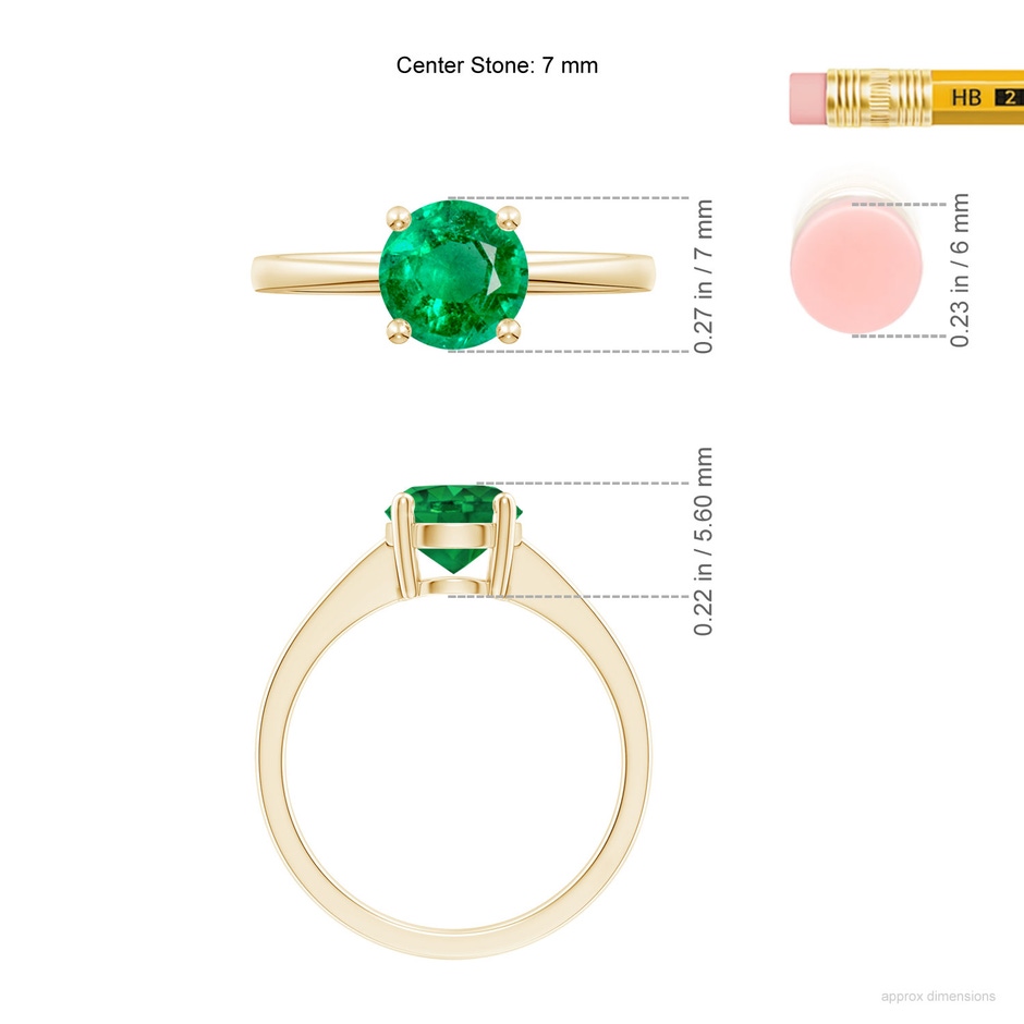 7mm AAA Reverse Tapered Shank Emerald Solitaire Ring in Yellow Gold ruler