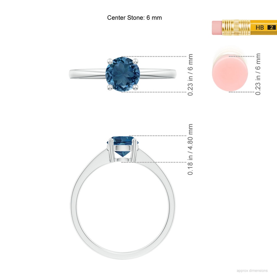 6mm AA Reverse Tapered Shank London Blue Topaz Solitaire Ring in 18K White Gold ruler