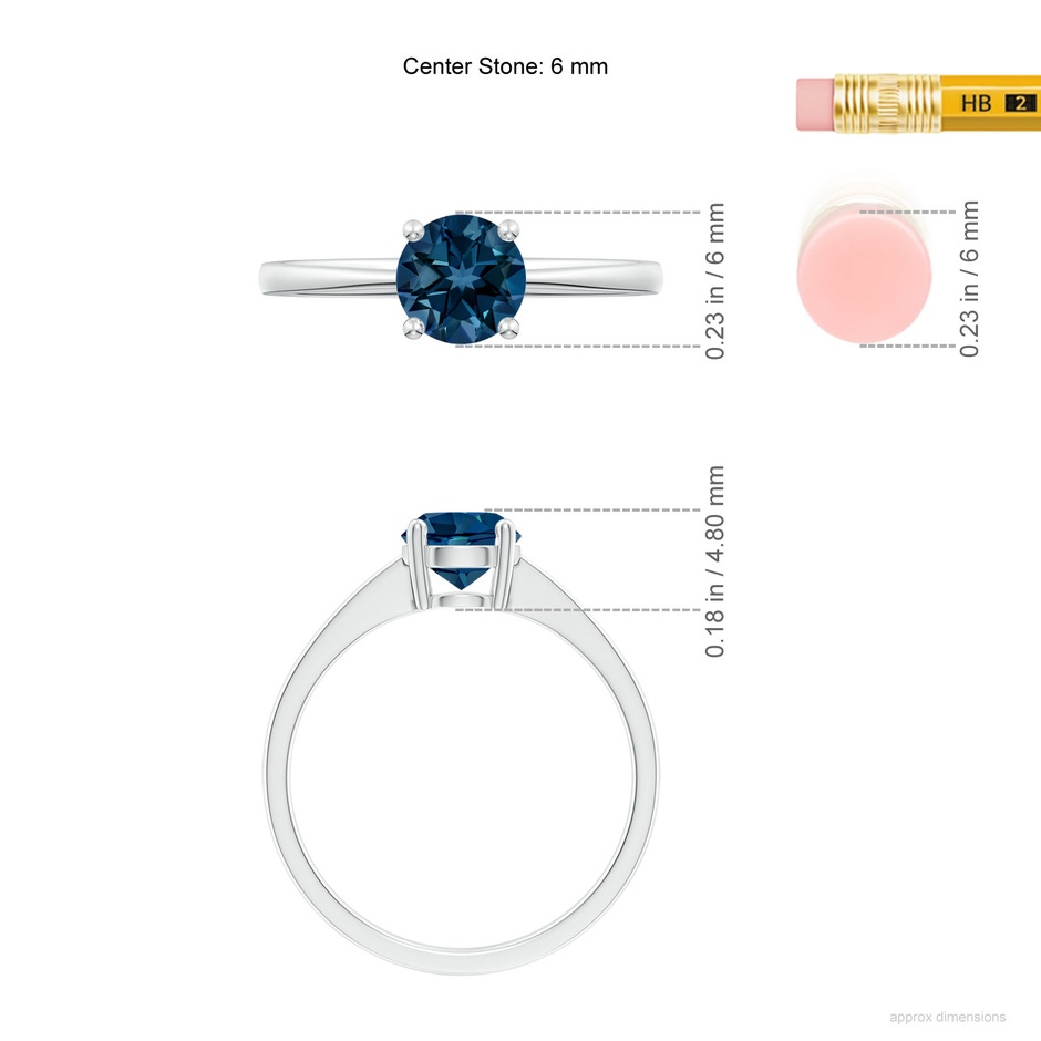 6mm AAAA Reverse Tapered Shank London Blue Topaz Solitaire Ring in P950 Platinum ruler
