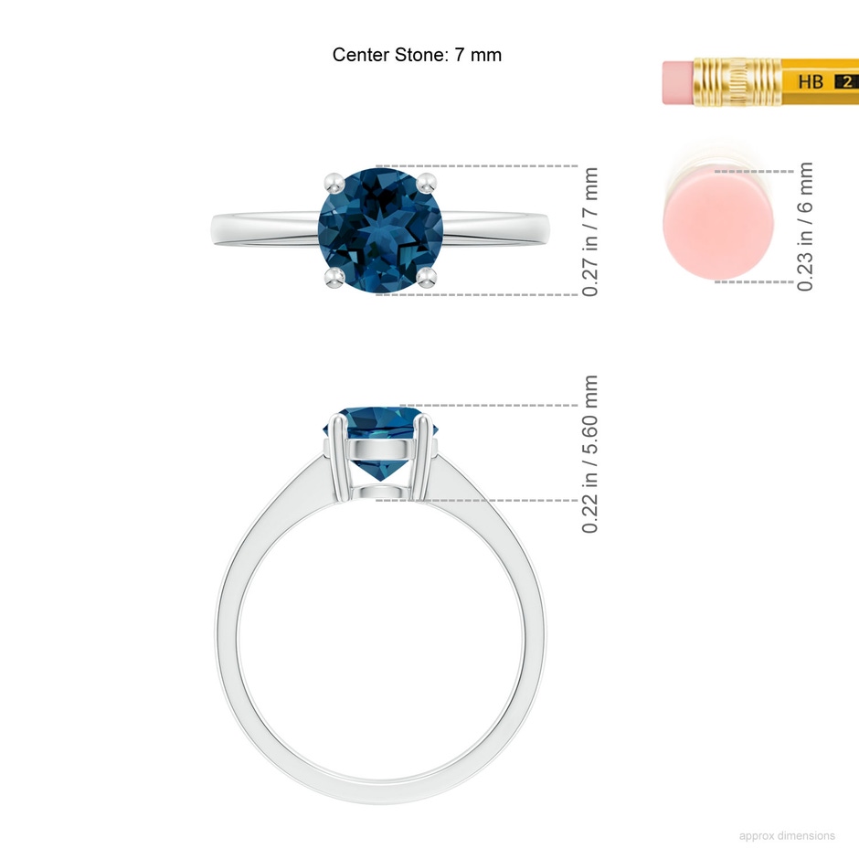 7mm AAA Reverse Tapered Shank London Blue Topaz Solitaire Ring in P950 Platinum ruler