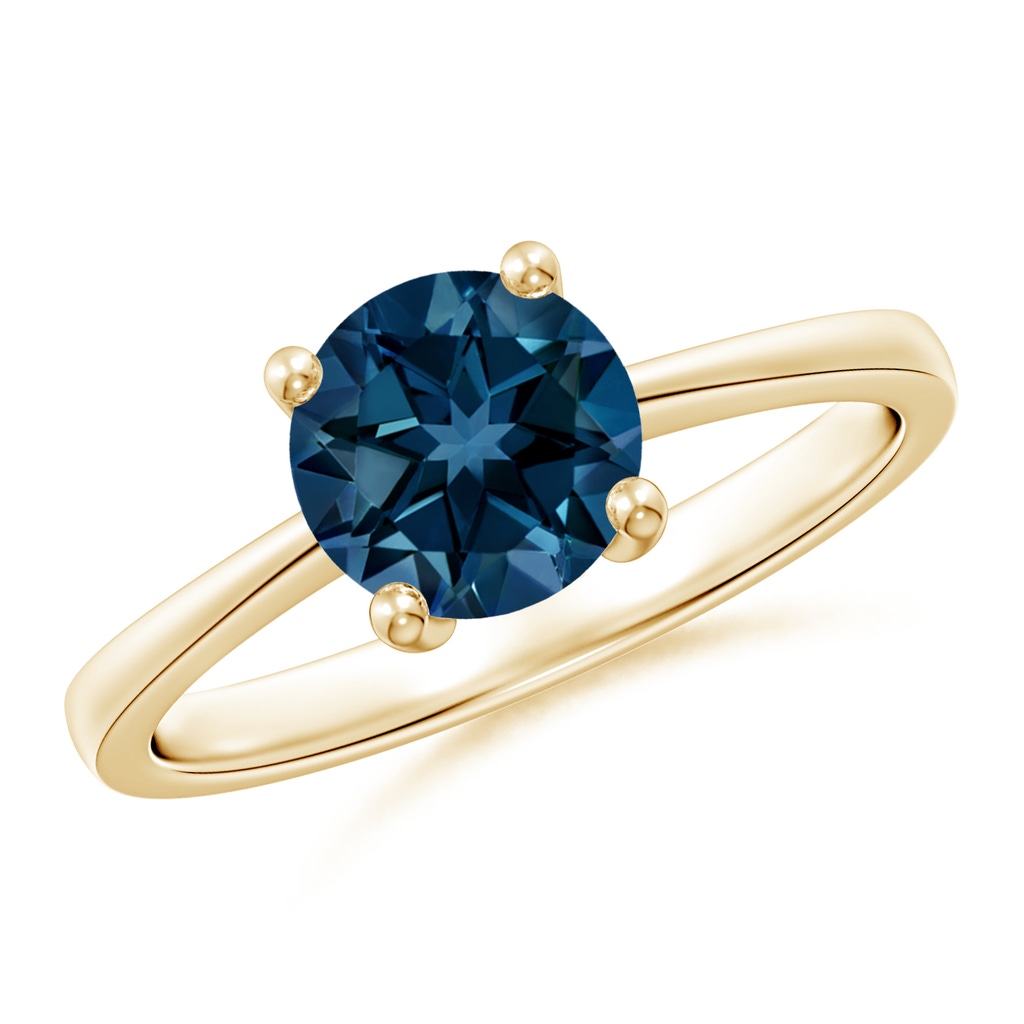 7mm AAAA Reverse Tapered Shank London Blue Topaz Solitaire Ring in 10K Yellow Gold