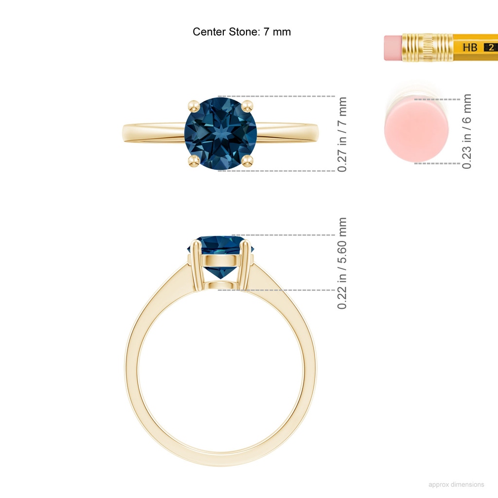 7mm AAAA Reverse Tapered Shank London Blue Topaz Solitaire Ring in 10K Yellow Gold ruler