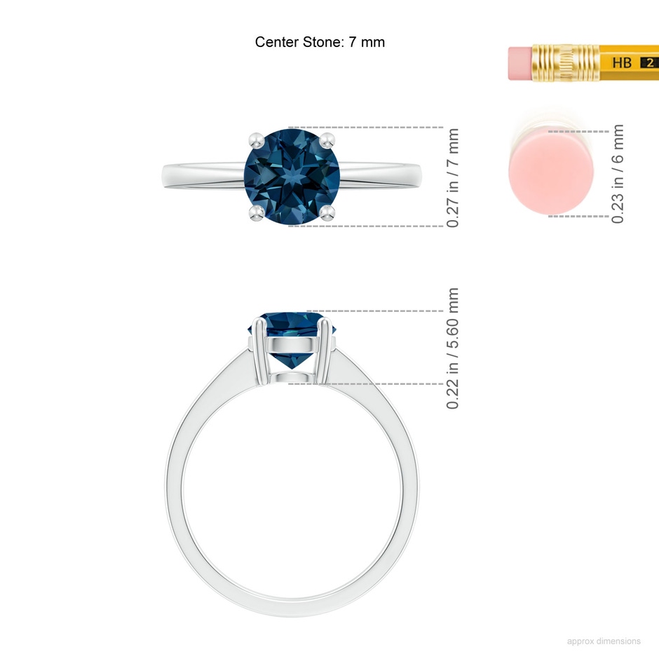 7mm AAAA Reverse Tapered Shank London Blue Topaz Solitaire Ring in White Gold ruler