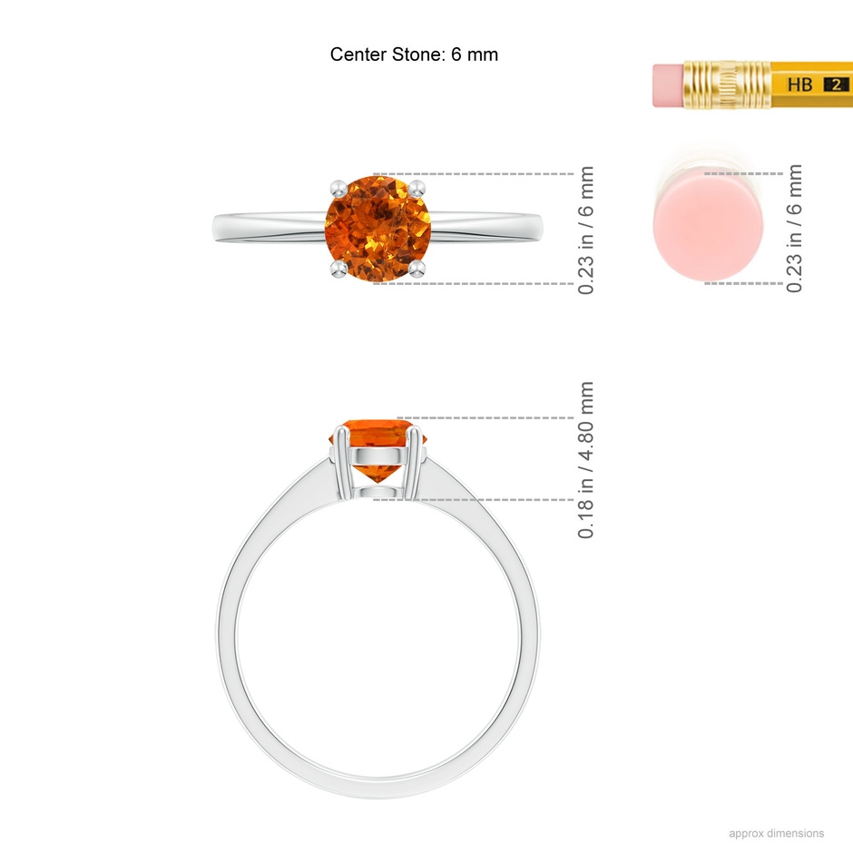 6mm AAA Reverse Tapered Shank Spessartite Solitaire Ring in White Gold ruler