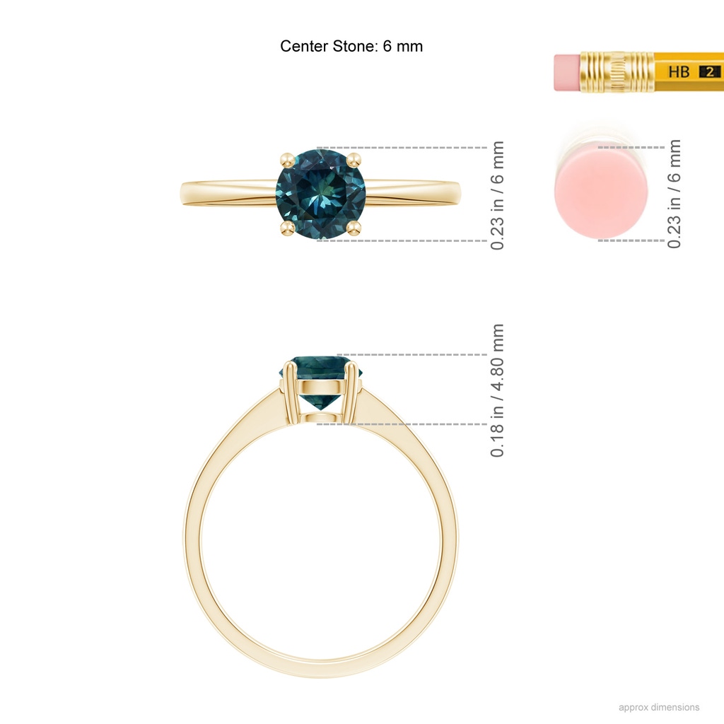 6mm AAA Reverse Tapered Shank Teal Montana Sapphire Solitaire Ring in Yellow Gold Ruler
