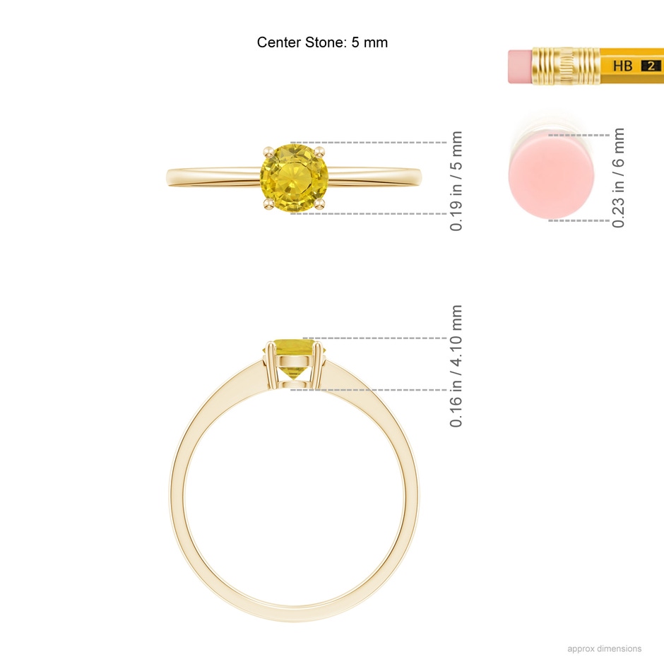 5mm AAA Reverse Tapered Shank Yellow Sapphire Solitaire Ring in Yellow Gold ruler