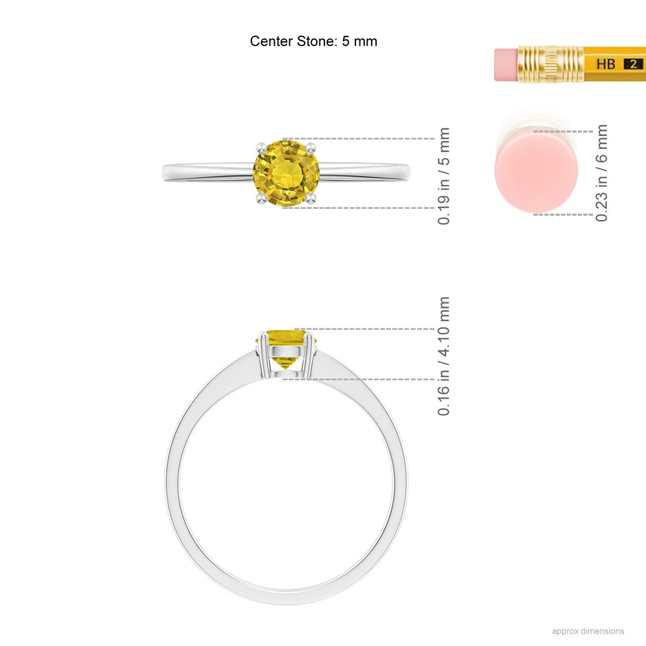 5mm AAAA Reverse Tapered Shank Yellow Sapphire Solitaire Ring in White Gold ruler