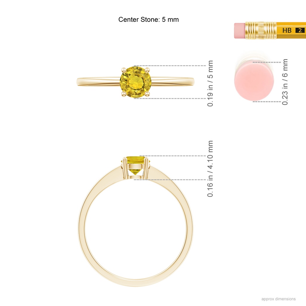 5mm AAAA Reverse Tapered Shank Yellow Sapphire Solitaire Ring in Yellow Gold Ruler
