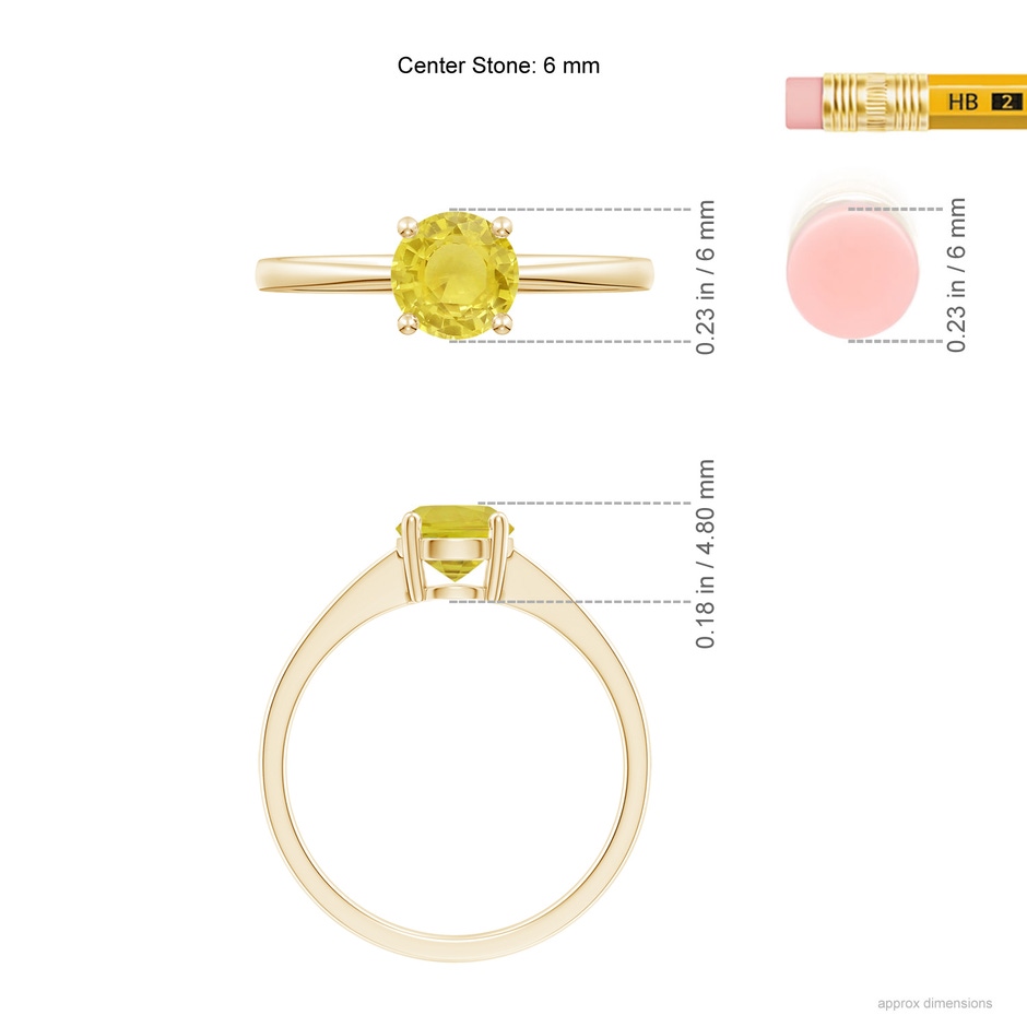 6mm A Reverse Tapered Shank Yellow Sapphire Solitaire Ring in Yellow Gold ruler