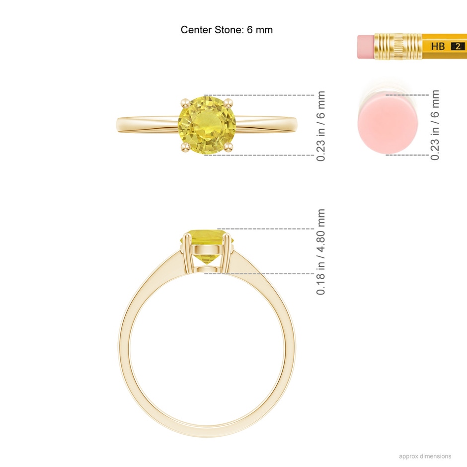 6mm AA Reverse Tapered Shank Yellow Sapphire Solitaire Ring in Yellow Gold ruler