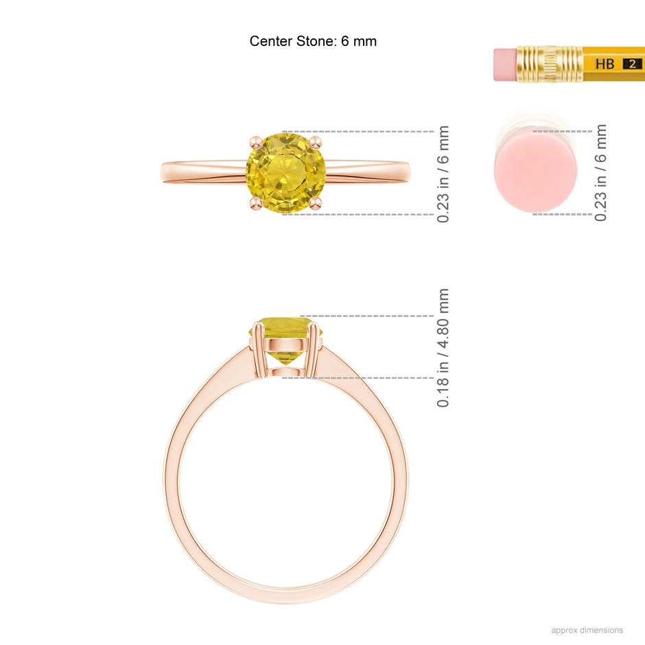6mm AAA Reverse Tapered Shank Yellow Sapphire Solitaire Ring in Rose Gold ruler