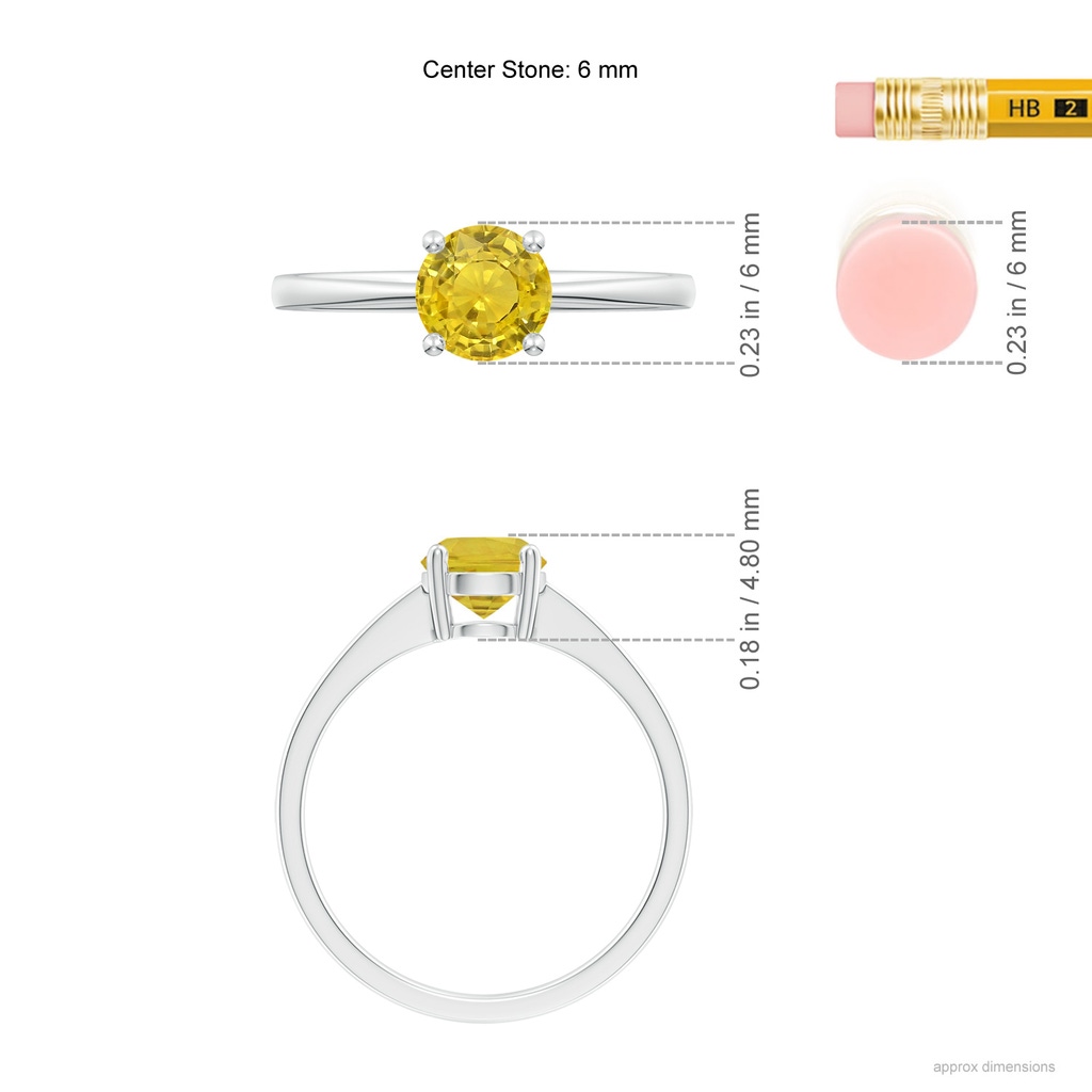 6mm AAA Reverse Tapered Shank Yellow Sapphire Solitaire Ring in White Gold Ruler