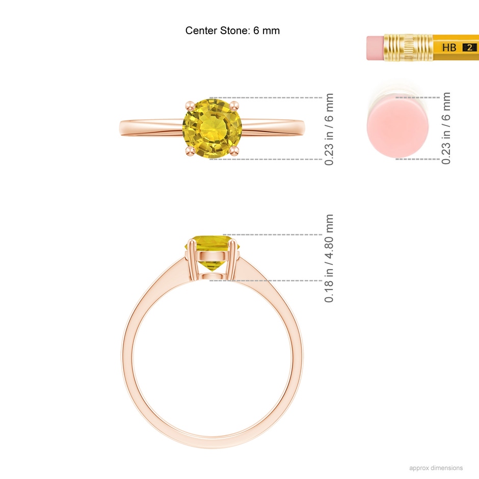 6mm AAAA Reverse Tapered Shank Yellow Sapphire Solitaire Ring in Rose Gold ruler