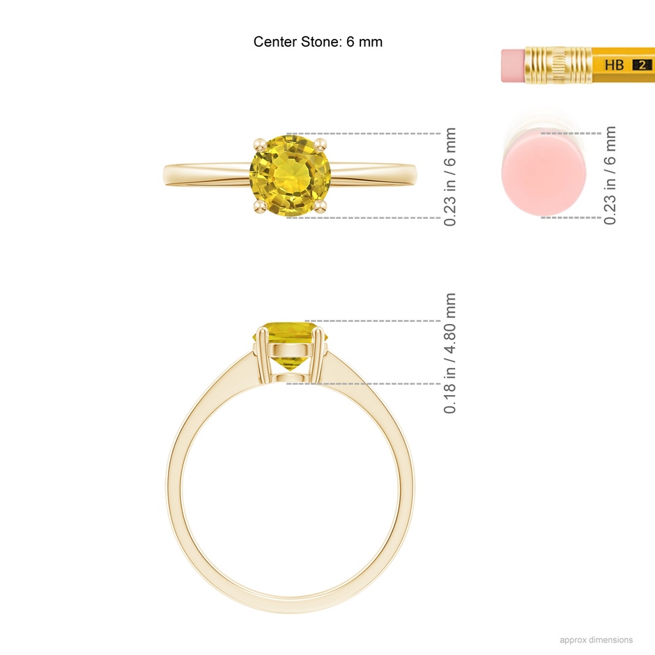 6mm AAAA Reverse Tapered Shank Yellow Sapphire Solitaire Ring in Yellow Gold ruler