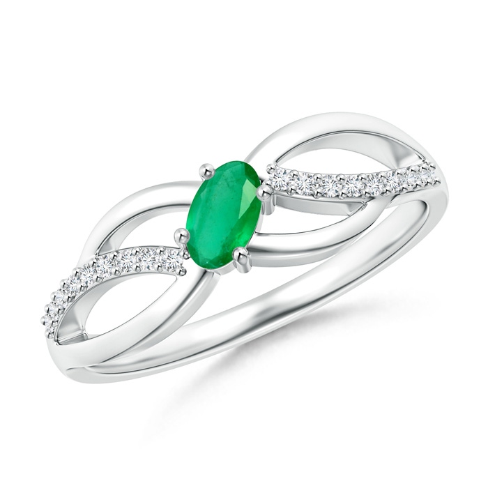 5x3mm A Diagonal Oval Emerald Criss Cross Ring with Diamond Accents in P950 Platinum 