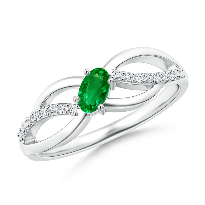 5x3mm AAAA Diagonal Oval Emerald Criss Cross Ring with Diamond Accents in P950 Platinum