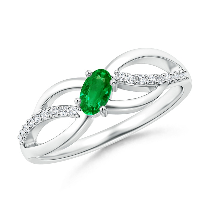 5x3mm AAAA Diagonal Oval Emerald Criss Cross Ring with Diamond Accents in White Gold 