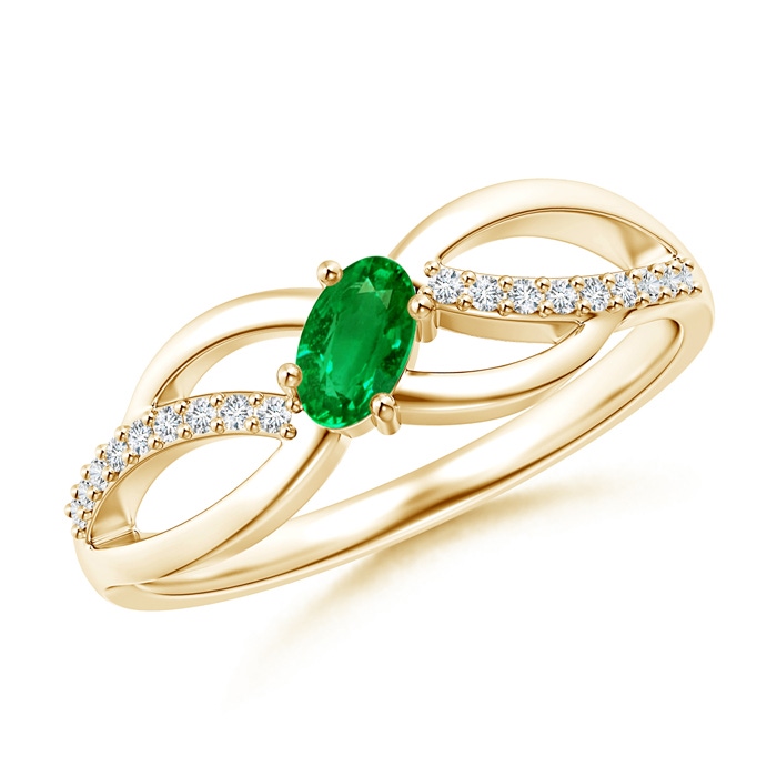 5x3mm AAAA Diagonal Oval Emerald Criss Cross Ring with Diamond Accents in Yellow Gold