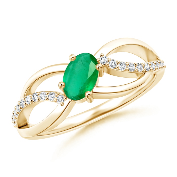 6x4mm A Diagonal Oval Emerald Criss Cross Ring with Diamond Accents in Yellow Gold 