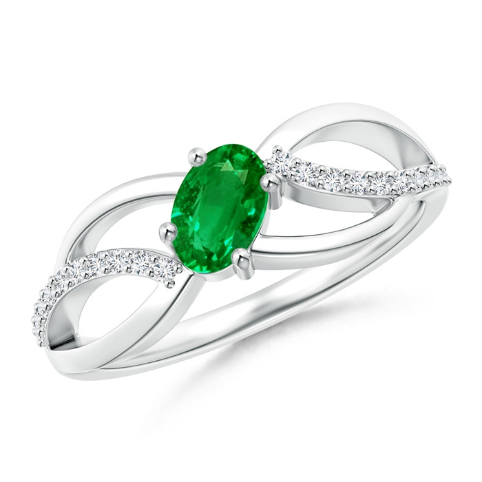 6x4mm Lab-Grown Diagonal Oval Emerald Criss Cross Ring with Diamond Accents in White Gold