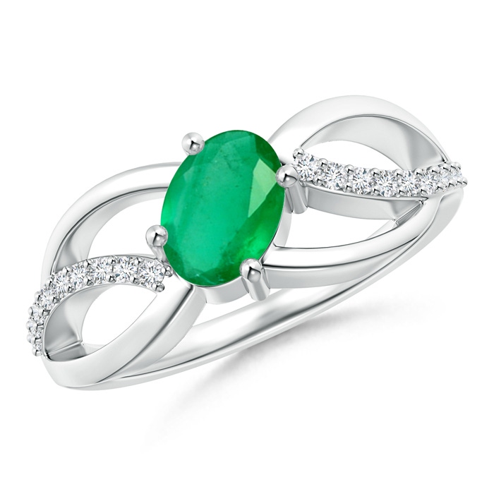 7x5mm A Diagonal Oval Emerald Criss Cross Ring with Diamond Accents in P950 Platinum 