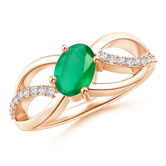 7x5mm A Diagonal Oval Emerald Criss Cross Ring with Diamond Accents in Rose Gold 
