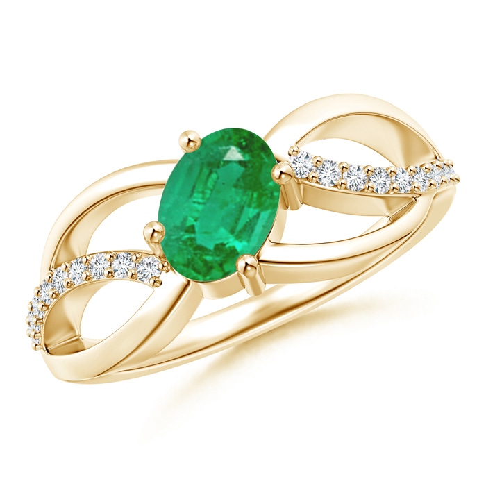 7x5mm AA Diagonal Oval Emerald Criss Cross Ring with Diamond Accents in Yellow Gold 