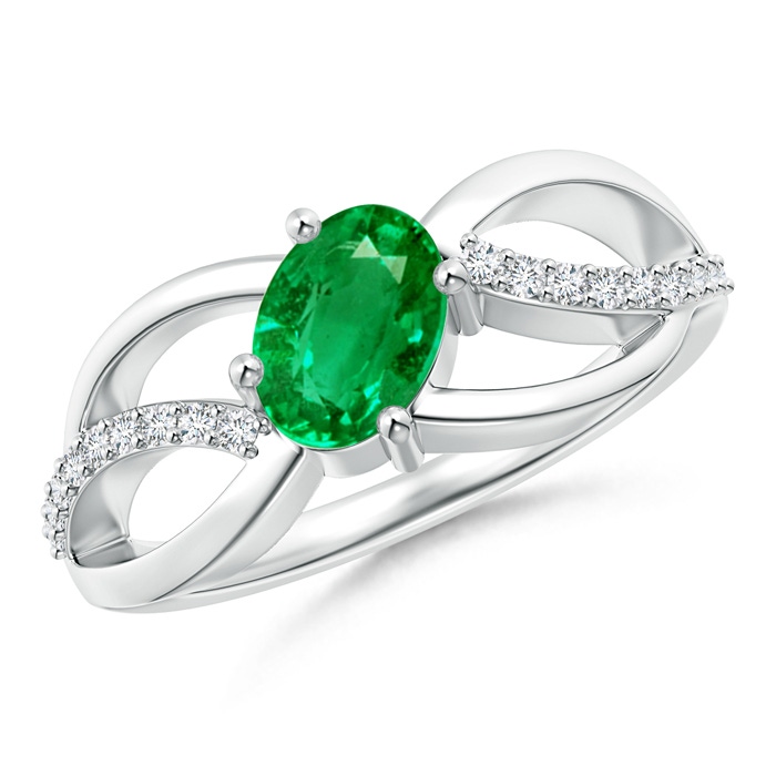 7x5mm AAA Diagonal Oval Emerald Criss Cross Ring with Diamond Accents in White Gold 