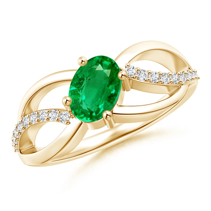 7x5mm AAA Diagonal Oval Emerald Criss Cross Ring with Diamond Accents in Yellow Gold 