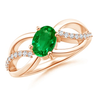 7x5mm AAAA Diagonal Oval Emerald Criss Cross Ring with Diamond Accents in 9K Rose Gold