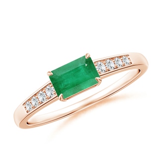 6x4mm A East West Emerald-Cut Emerald Solitaire Ring with Diamond Accents in Rose Gold