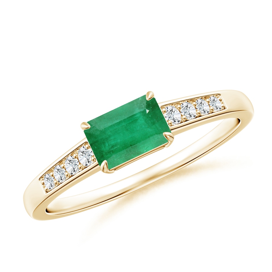 6x4mm A East West Emerald-Cut Emerald Solitaire Ring with Diamond Accents in Yellow Gold 