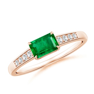 6x4mm AAA East West Emerald-Cut Emerald Solitaire Ring with Diamond Accents in 9K Rose Gold
