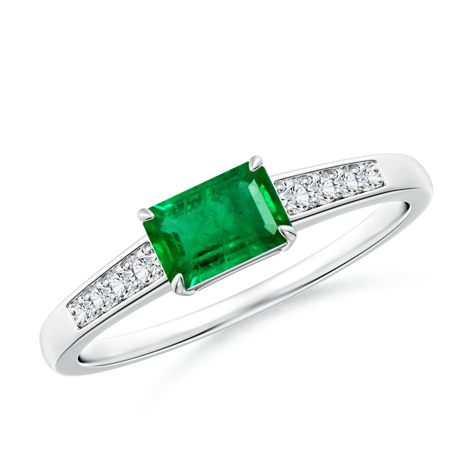 East West Emerald Cut Emerald Solitaire Ring with Diamond Accents