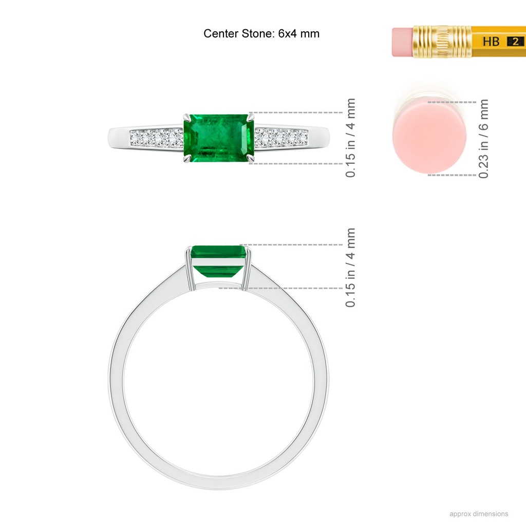 6x4mm AAA East West Emerald-Cut Emerald Solitaire Ring with Diamond Accents in White Gold Ruler