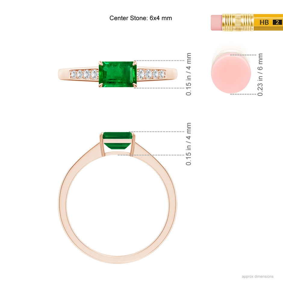 6x4mm AAAA East West Emerald-Cut Emerald Solitaire Ring with Diamond Accents in Rose Gold ruler